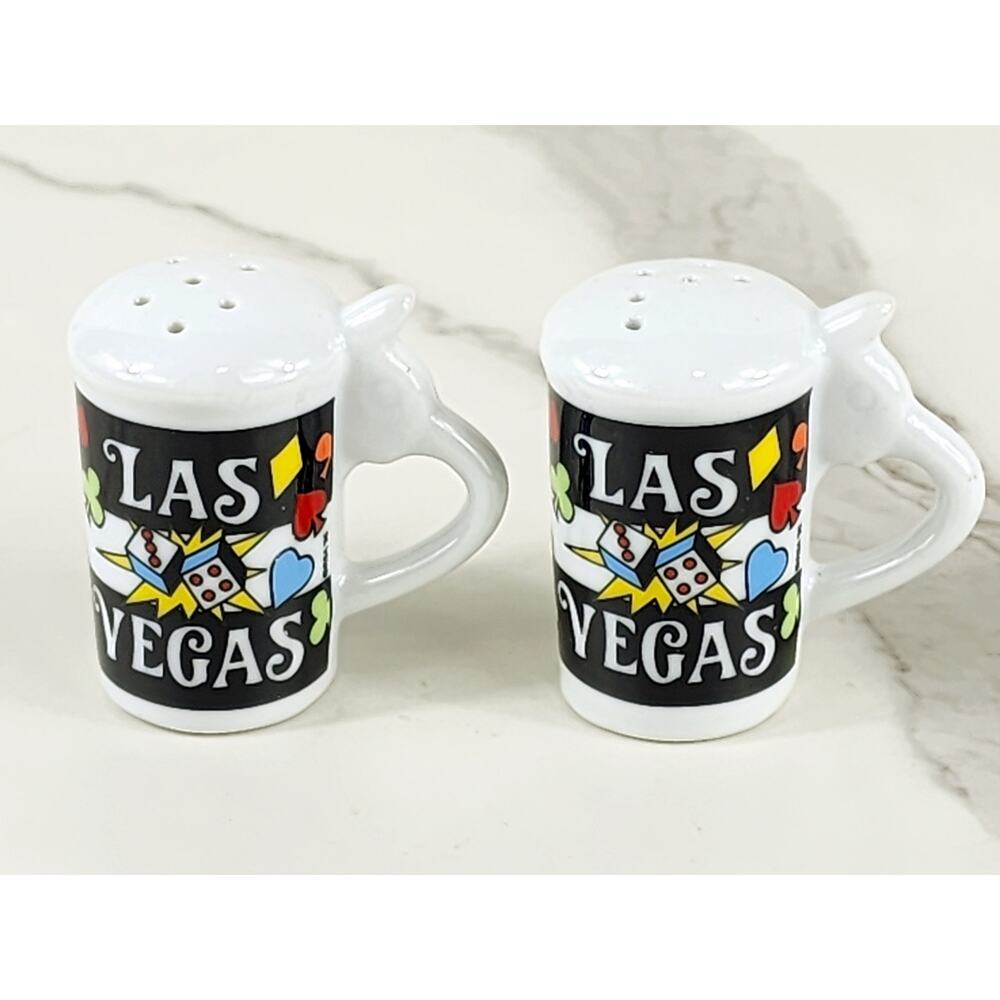 Salt & Pepper Shakers Las Vegas Souvenir 80s Porcelain 2 1/4" Cards Dice Design